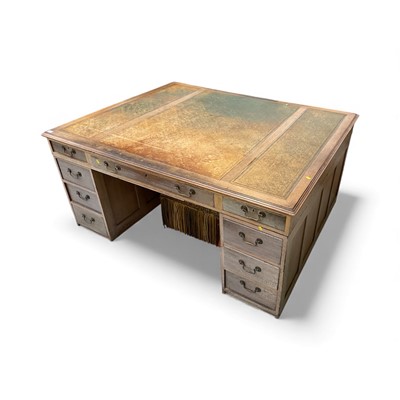 Lot 5305 - Old Georgian style oak partners desk with leather lined top, with nine drawers each side, 175cm wide, 140cm deep, 81cm high