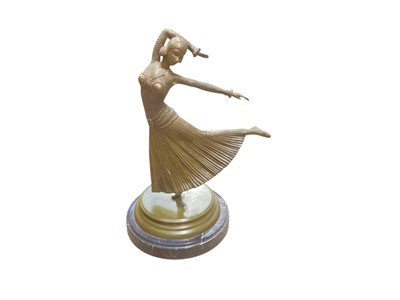 Lot 3043 - Art Deco style bronzed metal figure of a dancer, raised on a marble base, 34cm in overall height.