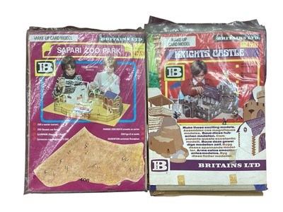 Lot 2068 - Britains make-up card models including Safari Zoo Park No.4753 (6 Units Package) plus one, Knights Castle (6 Units Package) and Trade Catalogues 1980s (x5) (1 box)