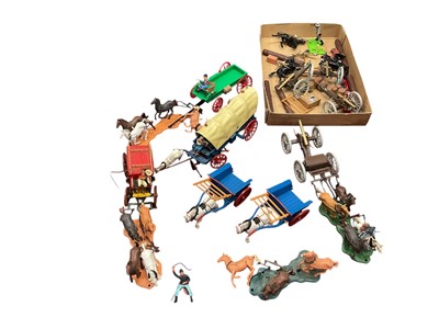 Lot 2072 - Britains Wild West Wagons, Limber & Cannons and diecast Mountie & Lancers, all loose (1 box)