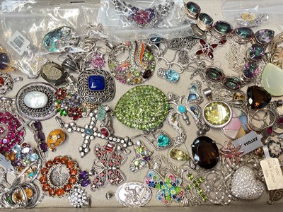 Lot 128 - Collection of contemporary multi-gem set silver mounted pendants, some with chains and necklaces