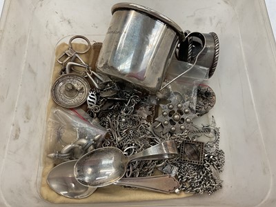 Lot 944 - Sterling christening mug and two sterling spoons, silver and white metal jewellery and other items