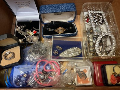 Lot 336 - Wooden work box containing vintage costume jewellery, carved coral pendant in gold mount, ladies gold plated wristwatch in case, group of paste set buckles and other bijouterie