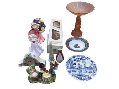 Lot 5050 - Pair of Royal Worcester Compton & Woodhouse Cornucopia wall pockets, Art Deco Walter & Sohne pink glass 'three graces' comport, Beswick Mad Hatters tea party, three Royal Doulton figures...