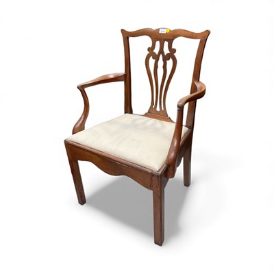 Lot 5316 - George III elm elbow chair with pierced splat back, drop in seat on chamfered legs