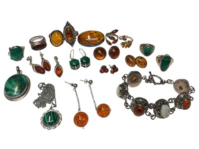 Lot 140 - Group of silver mounted amber and malachite jewellery, including a bracelet, pendants, brooch, rings and earrings