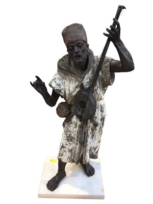 Lot 5054 - Late 19th century continental cold painted spelter figure of an Arab musician on a marble plinth measuring approximately 51cm tall