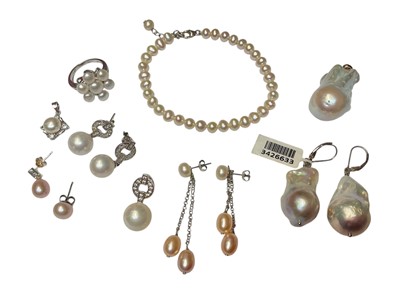 Lot 141 - Group of cultured pearl jewellery including a bracelet, pair of silver mounted earrings and matching pendant, silver and pearl flower head cluster ring, baroque pearl pendant with 9ct gold mount...