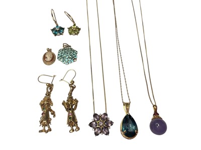 Lot 144 - Group of 9ct gold jewellery to include four gem set pendants, three with chains, pair of articulated clown earrings and three other earrings