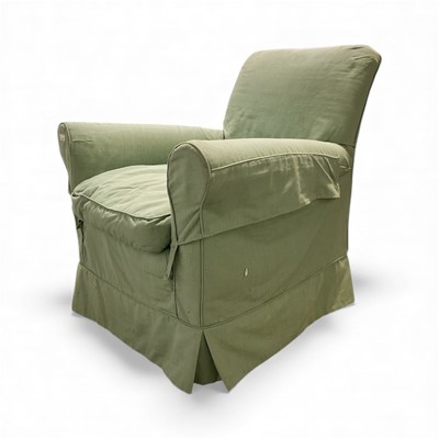 Lot 5326 - Traditional easy chair with pale green loose cover and feather cushion