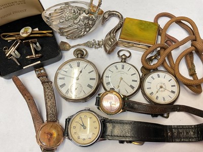 Lot 147 - Silver cased pocket watch, two silver cased fob watches, 1920s 9ct gold cased wristwatch on leather strap, two other vintage watches and other items