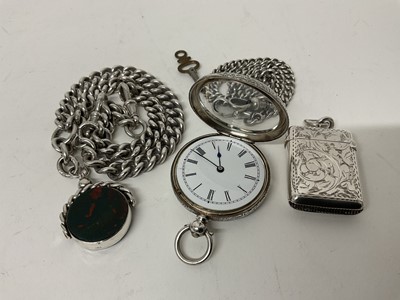 Lot 228 - Silver watch chain, fob watch , Vesta case and watch chain