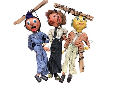 Lot 2082 - Pelham Puppets (c1950s) Mr Turnip and two others, plus Mule & Dog with theatre and scripts (qty)