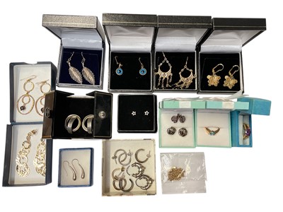 Lot 183 - Group of silver and silver gilt earrings, pair of novelty glass eyeball earrings and two silver gilt gem set rings, mostly boxed