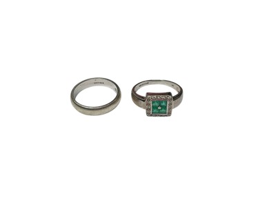 Lot 185 - Art Deco-style 9ct white gold emerald and diamond square plaque ring, together with a 9ct white gold wedding ring (2)