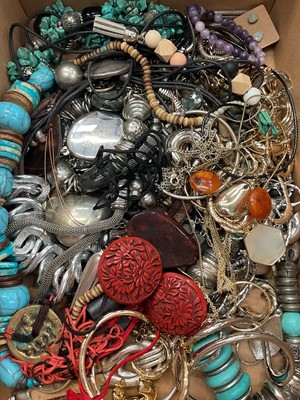 Lot 942 - Group of costume jewellery including an amber brooch and earrings, turquoise necklace, plated chains, contemporary wristwatch etc