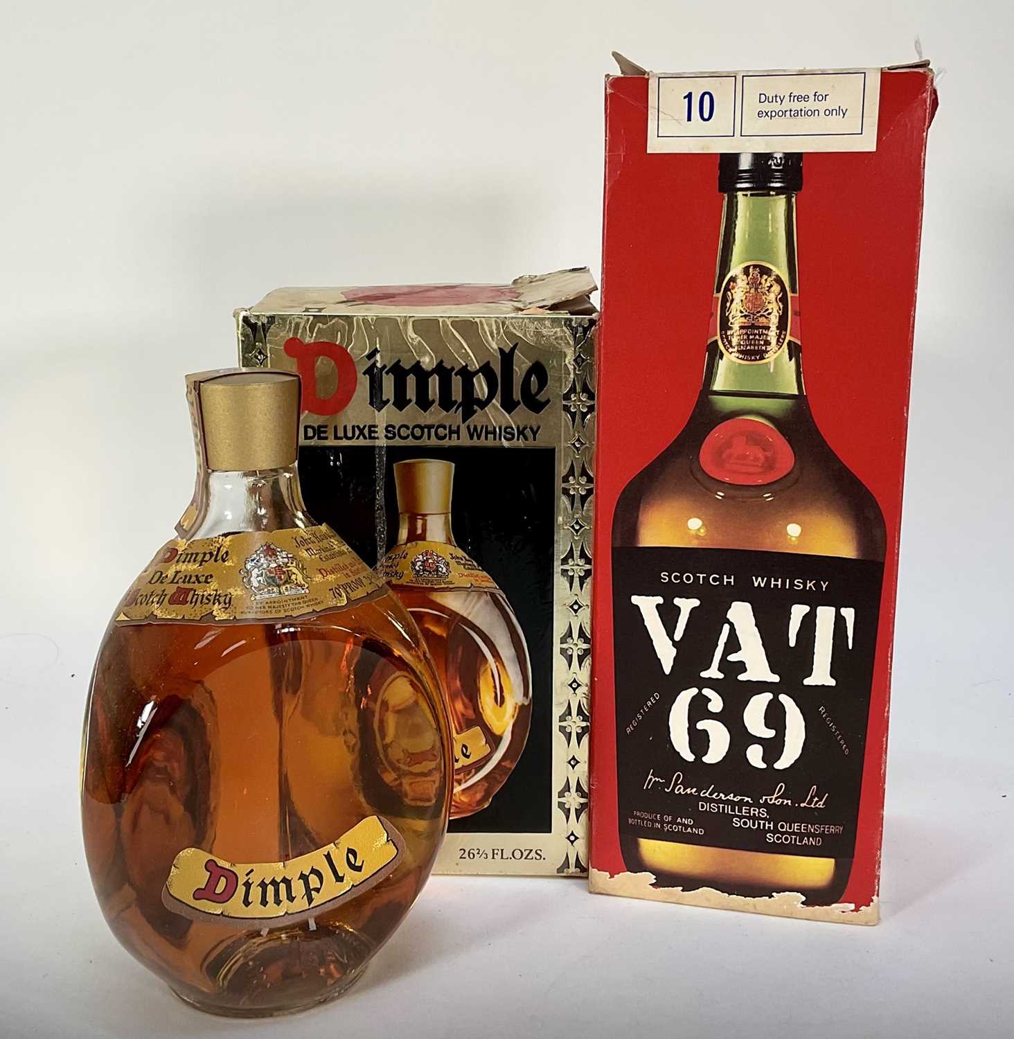Lot 14 - Two bottles, Scotch Whisky VAT 69, in sealed card box, together with Dimple Haig, boxed