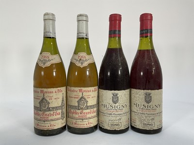 Lot 19 - Nine bottles of wine including: Chablis Grand Cru 1988, Musigny 1986, Clos de L'Oratoire des Papes 2008, Chateau de Riviere Chinon 1987, half bottle of Chateau Bourgneuf 1959 and others