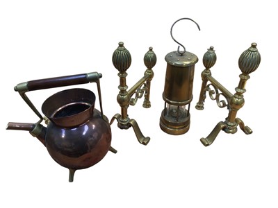 Lot 5064 - Brass miners' oil lamp together with two brass fire dogs and a copper kettle