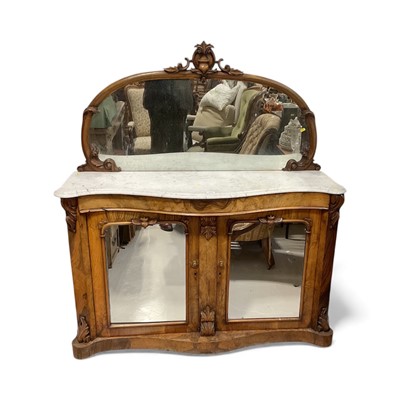 Lot 5329 - Victorian walnut serpentine fronted credenza with marble top, two mirror panelled cupboard doors below enclosing shelves on shaped platform base 139cm wide, 42cm deep, 89cm high