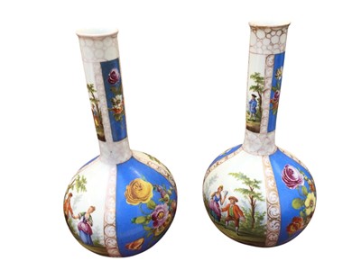 Lot 5074 - Pair of Dresden hand painted bottle vases with Augustus Rex marks to bases.