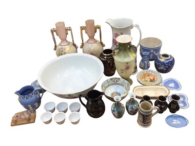 Lot 5073 - Doulton stoneware flask, group of Wedgwood Jasperware ceramics, wash jug and bowl and other ceramics.