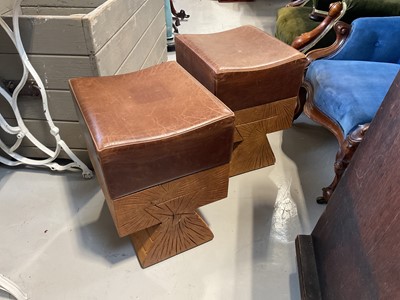 Lot 5352 - Pair of contemporary German stools (Hockers). Solid oak with tan leather seats