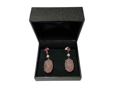 Lot 198 - Pair of carved rose quartz, cultured pearl and pink stone pendant drop earrings