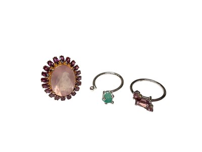 Lot 199 - Pink stone cluster cocktail ring in rose gold setting marked 14K, together with two other dress rings (3)