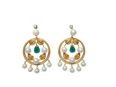 Lot 200 - Pair of Indian style yellow metal, emerald, cultured pearl and diamond pendant drop earrings