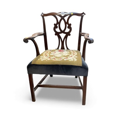 Lot 5348 - George III mahogany open armchair with pierced splat, tapestry seat on square champhered legs