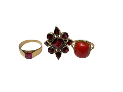 Lot 206 - Indian style 14ct gold garnet cluster ring, one other pink stone ring in setting marked 585 and red coral ring in setting marked 750 (3)