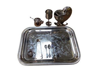 Lot 5080 - Dutch silver caddy spoon, nautilus shell spoon warmer, silver plated tray and other silver plated items.