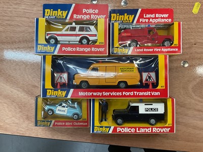 Lot 2097 - Dinky (c1970s) diecast Emergency Vechiles including Motorway Services Ford Transit Van No.417, Police Land Rover No.277, Police Range Rover No.254, Police Mini Clubman No.255 and Land Rover Fire...