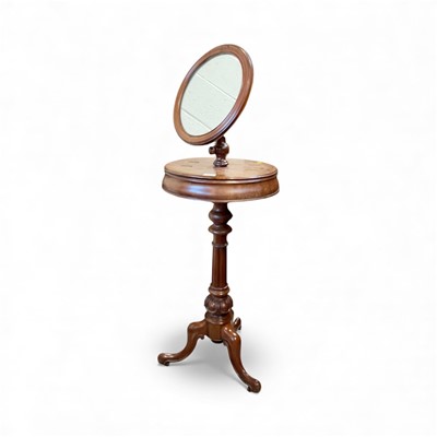 Lot 5349 - Victorian mahogany shaving stand with adjustable mirror and two compartments on turned and fluted colomn and tripod base