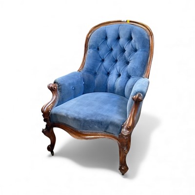 Lot 5351 - Victorian mahogany framed easy chair with blue buttoned velvet upholstery on cabriole legs