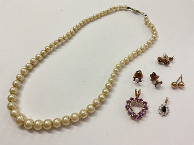 Lot 974 - Two 9ct gold gem set pendants, two pairs 9ct gold earrings, one other pair and a cultured pearl necklace with 9ct white gold clasp