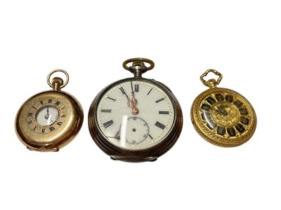Lot 214 - Late 19th century 15ct gold half hunter fob watch, together with a German silver (800) pocket watch and one other (3)