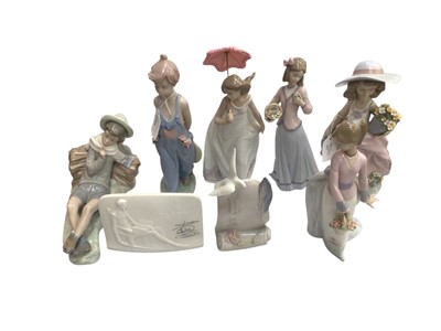 Lot 2341 - Six Lladro porcelain figures including A Wish Come True, Pocket Full Of Wishes, Shepherd with Bird etc, together with two Lladro plaques (8)