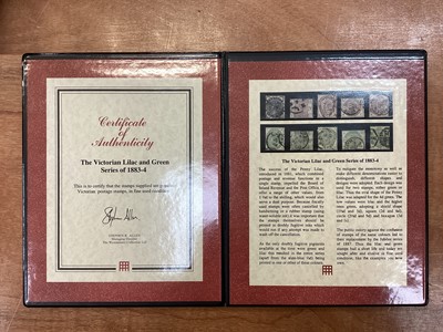 Lot 1153 - Stamps GB 1867-1883 Queen Victoria 5/- Red used copy, plus used lilac and green set, both in Westminster folders (2)