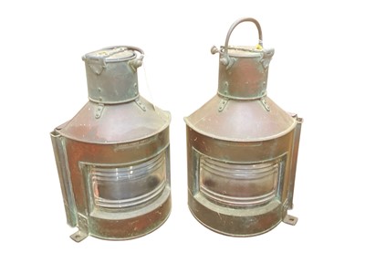 Lot 3000 - Pair of 1940's copper ship's Port and Starboard lights / lanterns by Alderson & Hyde Ltd, dated 1943, 42cm in overall height.