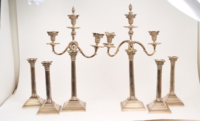Lot 268 - Pair very tall silver plated candelabra and four other matching candlesticks
