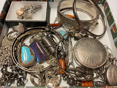 Lot 232 - Group of silver and white metal jewellery including bangles, butterfly wing pendant and brooch, rings, chains etc