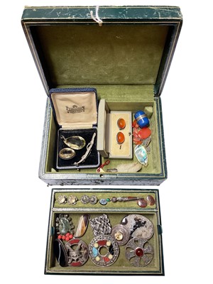 Lot 233 - Green leather jewellery box containing Scottish silver and hardstone jewellery, other silver and white metal, agate brooches etc