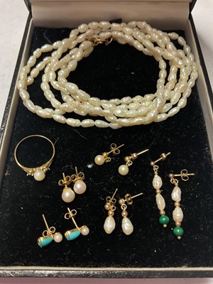 Lot 235 - Three strand freshwater pearl necklace with 9ct gold clasp, 9ct gold cultured pearl ring and five pairs of pearl earrings
