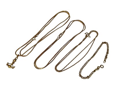 Lot 236 - 18ct gold chain with 18ct gold anchor pendant and three other 18ct gold chains