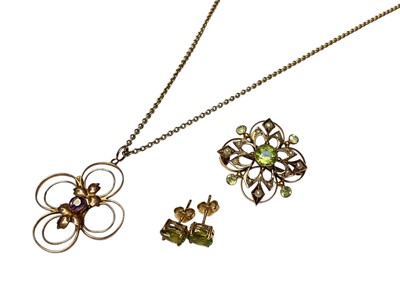Lot 238 - Edwardian 9ct gold peridot and seed pearl pendant/ brooch, pair of single stone peridot stud earrings and an Edwardian 9ct gold amethyst open work pendant on 9ct gold chain
