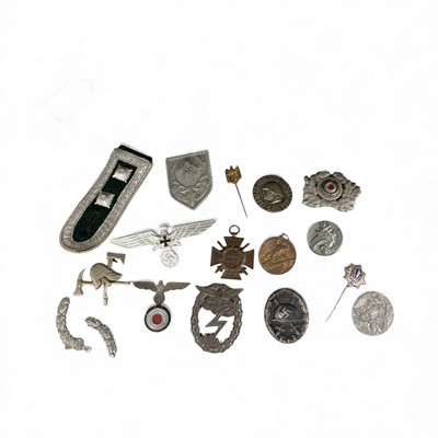 Lot 759 - Nazi German Luftwaffe Ground Assault badge (lacking pin), together with a Nazi German Wound Badge and other Nazi German badges and awards.