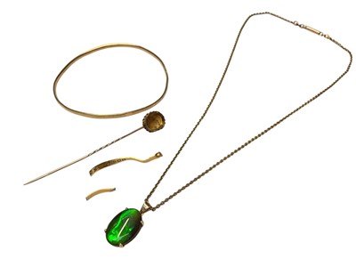 Lot 240 - Opal doublet in pendant mount marked 14k on a yellow metal chain, together with a yellow metal bangle, stick pin and broken 22ct gold ring