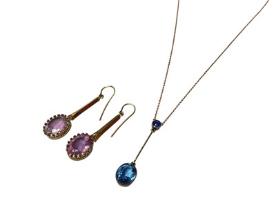 Lot 245 - Edwardian blue stone pendant necklace and pair of amethyst pendant drop earrings